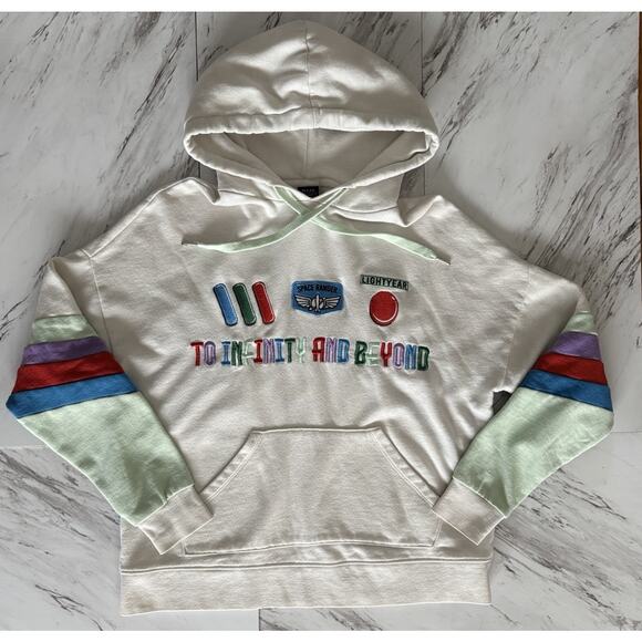 Disney Pixar Buzz Lightyear Hoodie - Small Cream, Embroidered Colorful Stripe - Picture 3 of 13